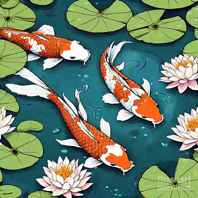 Lilies Digital Art - Koi Fish Gliding Lazily Through Water Lilies In A Garden Pond by Rhys Jacobson