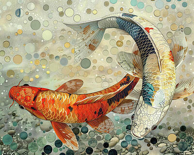 Animals Digital Art - Koi Fish Harmony by Lena Owens - OLena Art Vibrant Palette Knife and Graphic Design