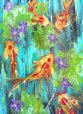 Lilies Paintings - Koi Fish with Lily pad and purple Lotus Flowers by Joanne Herrmann
