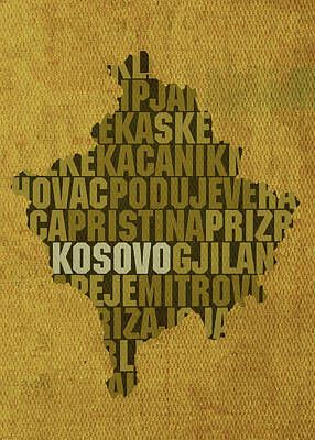 Amy Hamilton Animal Collage - Kosovo Country Word Map Typography On Distressed Canvas by Design Turnpike