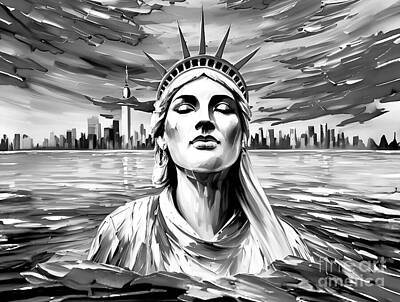 Landmarks Digital Art Royalty Free Images - Lady Liberty Bw  Royalty-Free Image by Mioara Andritoiu