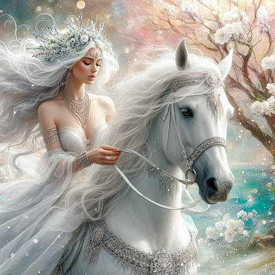 Mammals Digital Art - Lady of the White Stallion by Eve Designs