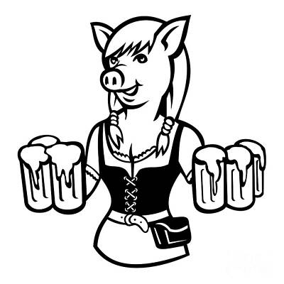 Beer Royalty-Free and Rights-Managed Images - Lady Pig Oktoberfest Waitress Beer Maid Wearing Dirndl Serving Beer Retro by Aloysius Patrimonio