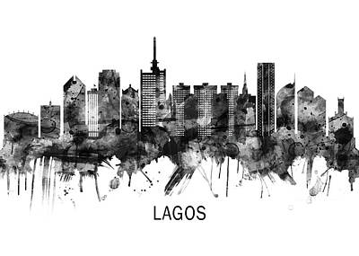 City Scenes Mixed Media - Lagos Nigeria Skyline BW by NextWay Art
