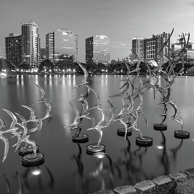Royalty-Free and Rights-Managed Images - Lake Eola Take Flight Sculptures and Orlando Florida Skyline - Monochrome 1x1 by Gregory Ballos