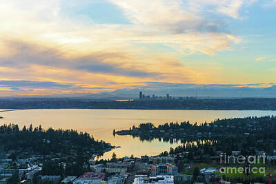 Skylines Royalty-Free and Rights-Managed Images - Lake Washington and the Seattle Skyline Aerial by Mike Reid