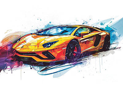 Sports Paintings - Lamborghini Aventador S watercolor abstract vehicle by Clark Leffler