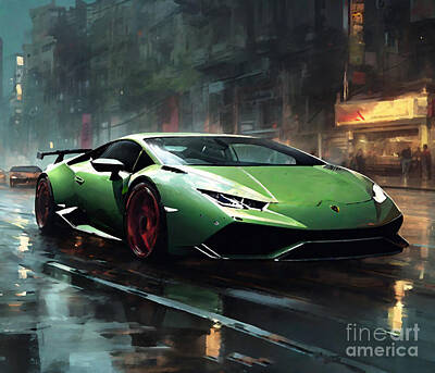 City Scenes Drawings - Lamborghini Huracan Supercars Cityscapes Side View by Cortez Schinner
