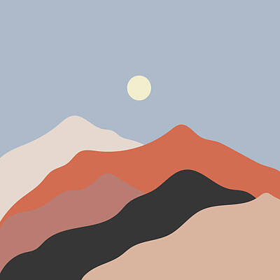 Abstract Landscape Drawings - Landscape mid century illustrations, minimalist landscape sunset, earth tone color palette, bohemian mountains by Julien