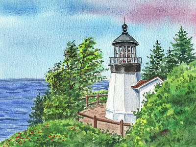 Landscapes Royalty-Free and Rights-Managed Images - Landscape With Lighthouse And The Ocean Shore Watercolor Seascape  by Irina Sztukowski