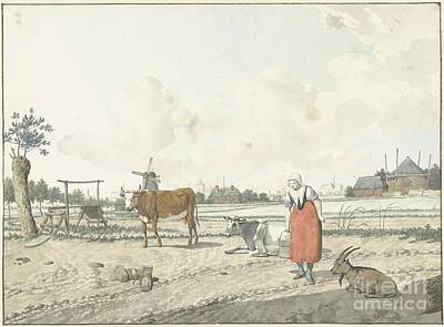 Cubism Food Art - Landscape with Peasant Woman and Cattle, W. Barthautz, 1700 - 1800 by Shop Ability
