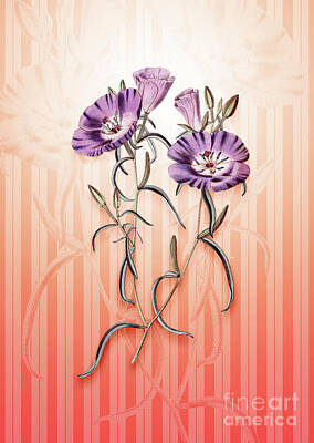 Royalty-Free and Rights-Managed Images - Large Purple Chilian Evening Primrose Vintage Botanical in Peach Fuzz Awning Stripes Pattern n.13 by Holy Rock Design