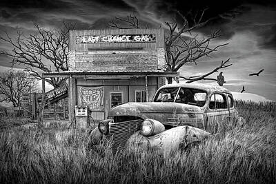 Randall Nyhof Royalty-Free and Rights-Managed Images - Last Chance Gas by Ghost Town Filling Station in Black and White by Randall Nyhof