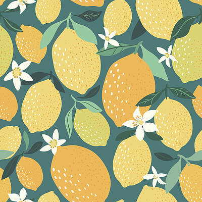Food And Beverage Drawings - Lemon fruits seamless pattern by Julien