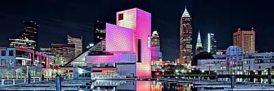 Rock And Roll Photos - Lengthy Lakefront Pano of CLE Late at Night by Frozen in Time Fine Art Photography