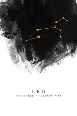 Abstract Mixed Media - Leo Zodiac Sign - Minimal Print - Zodiac, Constellation, Astrology, Good Luck, Night Sky - Black by Studio Grafiikka