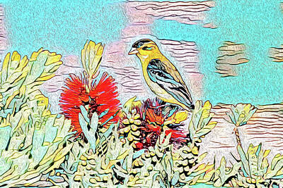 Abstract Flowers Mixed Media - Lesser Goldfinch Perched on Bottlebrush Bush Abstract  by Linda Brody