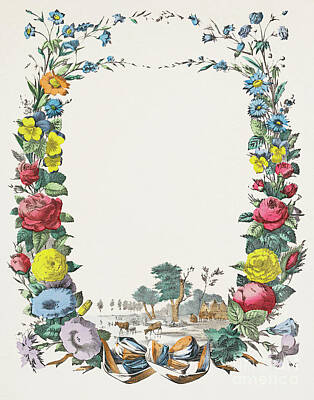 Animals Royalty-Free and Rights-Managed Images - Letter with flower wreath and landscape with farm and animals 1829 -1880 by Jos Scholz by Shop Ability