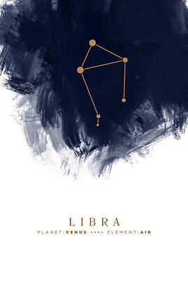 Mixed Media - Libra Zodiac Sign - Minimal Print - Zodiac, Constellation, Astrology, Good Luck, Night Sky - Blue by Studio Grafiikka