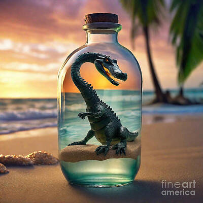 Reptiles Drawings - Life in a Jar 007 Alligator in Bottles by Adrien Efren