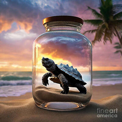 Reptiles Drawings - Life in a Jar 008 Alligator Snapping Turtle in Bottles by Adrien Efren