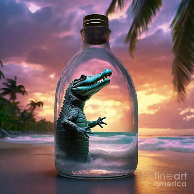 Reptiles Drawings Royalty Free Images - Life in a Jar 091 Crocodile in Bottles Royalty-Free Image by Adrien Efren