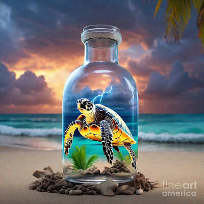 Reptiles Drawings - Life in a Jar 150 Hawksbill Sea Turtle in Bottles by Adrien Efren