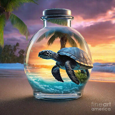 Reptiles Drawings - Life in a Jar 183 Leatherback Turtle in Bottles by Adrien Efren