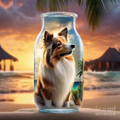 Surrealism Drawings Rights Managed Images - Life in a Jar 269 Shetland Sheepdog in Bottles Royalty-Free Image by Adrien Efren