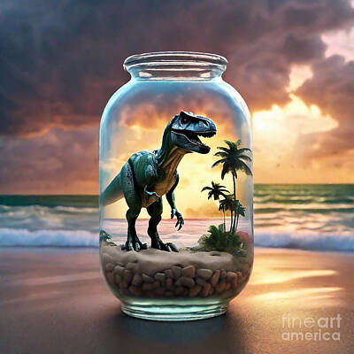 Surrealism Drawings Royalty Free Images - Life in a Jar 300 T-Rex in Bottles Royalty-Free Image by Adrien Efren
