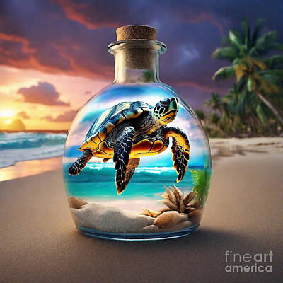 Reptiles Drawings - Life in a Jar 303 Turtle in Bottles by Adrien Efren