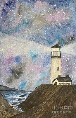 Go For Gold - Lighthouse at Night by Lisa Neuman