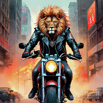 Animals Paintings - Lion Biker On A Motorcycle by Ingo Klotz