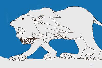 Animals Drawings - Lion with Blue by Samuel Zylstra