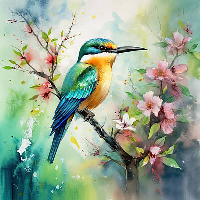 Lilies Digital Art - Little Bird on Blooming Tree by Lily Malor