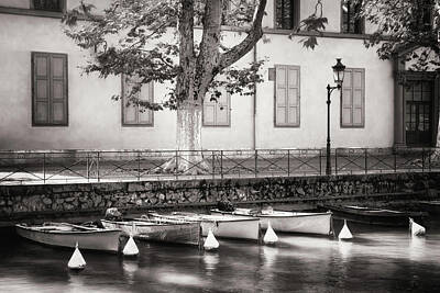 Sean - Little Boats on Canal du Vasse Annecy France Black and White by Carol Japp