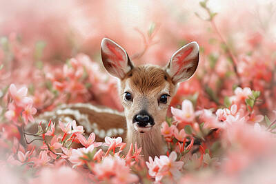 Lilies Digital Art - Little Fawn and Spring Flowers by Lily Malor