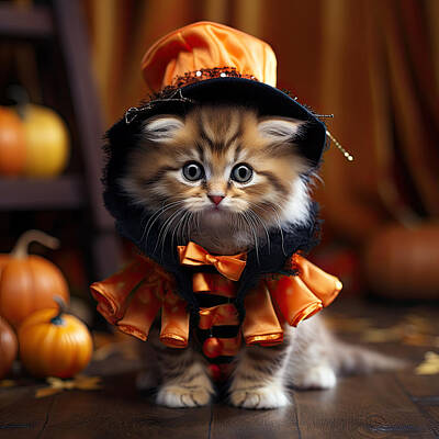 Lilies Royalty-Free and Rights-Managed Images - Little Kitty Going to Halloween Party by Lily Malor