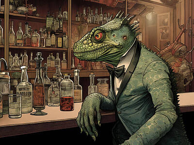 Vintage Magician Posters - Lizard gentleman at the bar by Karen Foley