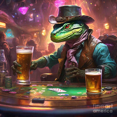 Beer Paintings - Lizard Reptilian Refreshments Lizards Lounge Licks  by Adrien Efren