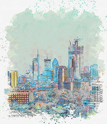 London Skyline Paintings - London skyline 3, watercolor travel poster, by Ahmet Asar by Celestial Images