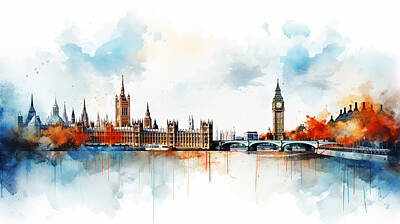 Best Sellers - London Skyline Mixed Media Rights Managed Images - London Skyline Watercolour #01 Royalty-Free Image by Stephen Smith Galleries
