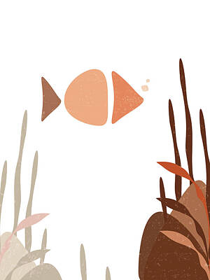 Beach Mixed Media - Lone Fish Swimming - Minimal, Modern, Abstract Art - Terracotta Brown, Burnt Orange - Aquatic Art by Studio Grafiikka