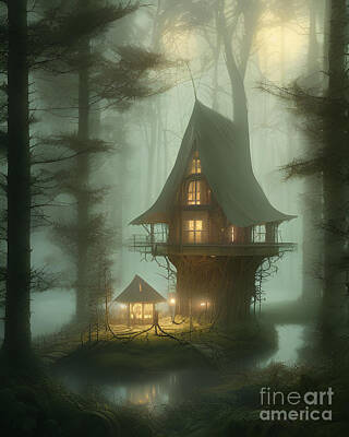 Landscapes Kadek Susanto - Lonely house in foggy forest at night by Stefano C