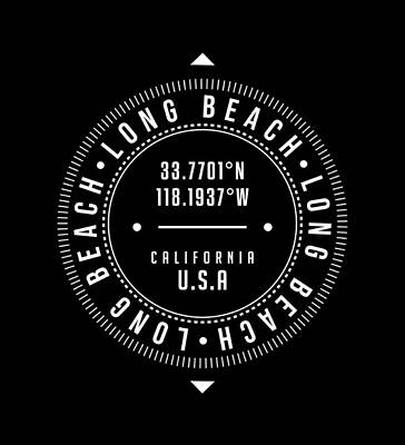 Beach Digital Art - Long Beach, California, USA - 2 - City Coordinates Typography Print - Classic, Minimal by Studio Grafiikka