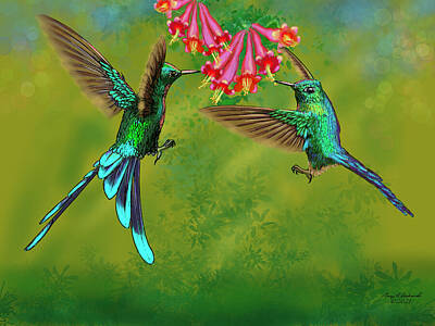 Animals Digital Art Rights Managed Images - Long-tailed Sylph Hummingbirds Painting Royalty-Free Image by Gary F Richards