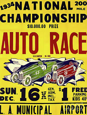 City Scenes Drawings - Los Angeles 1934 Auto Race by M G Whittingham