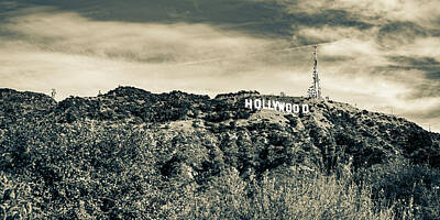 City Scenes Royalty Free Images - Los Angeles California and Hollywood Hills Sign Panorama - Sepia Royalty-Free Image by Gregory Ballos