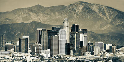 City Scenes Royalty Free Images - Los Angeles Panoramic Skyline and Mountain Landscape in Sepia Royalty-Free Image by Gregory Ballos