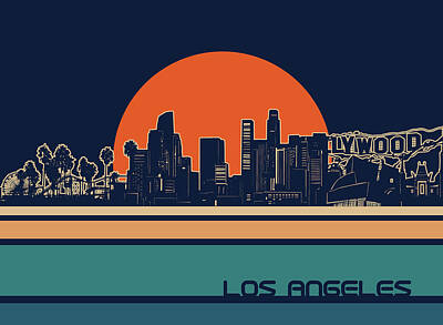 Cities Digital Art - Los angeles skyline retro 3 by Bekim M